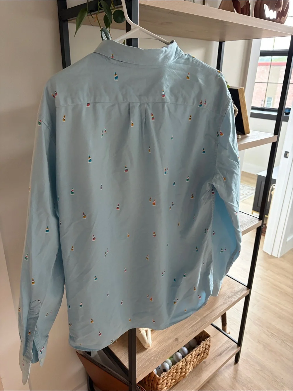 J. Crew Light Blue Button-Down Shirt with Multicolor Sailboat Motif